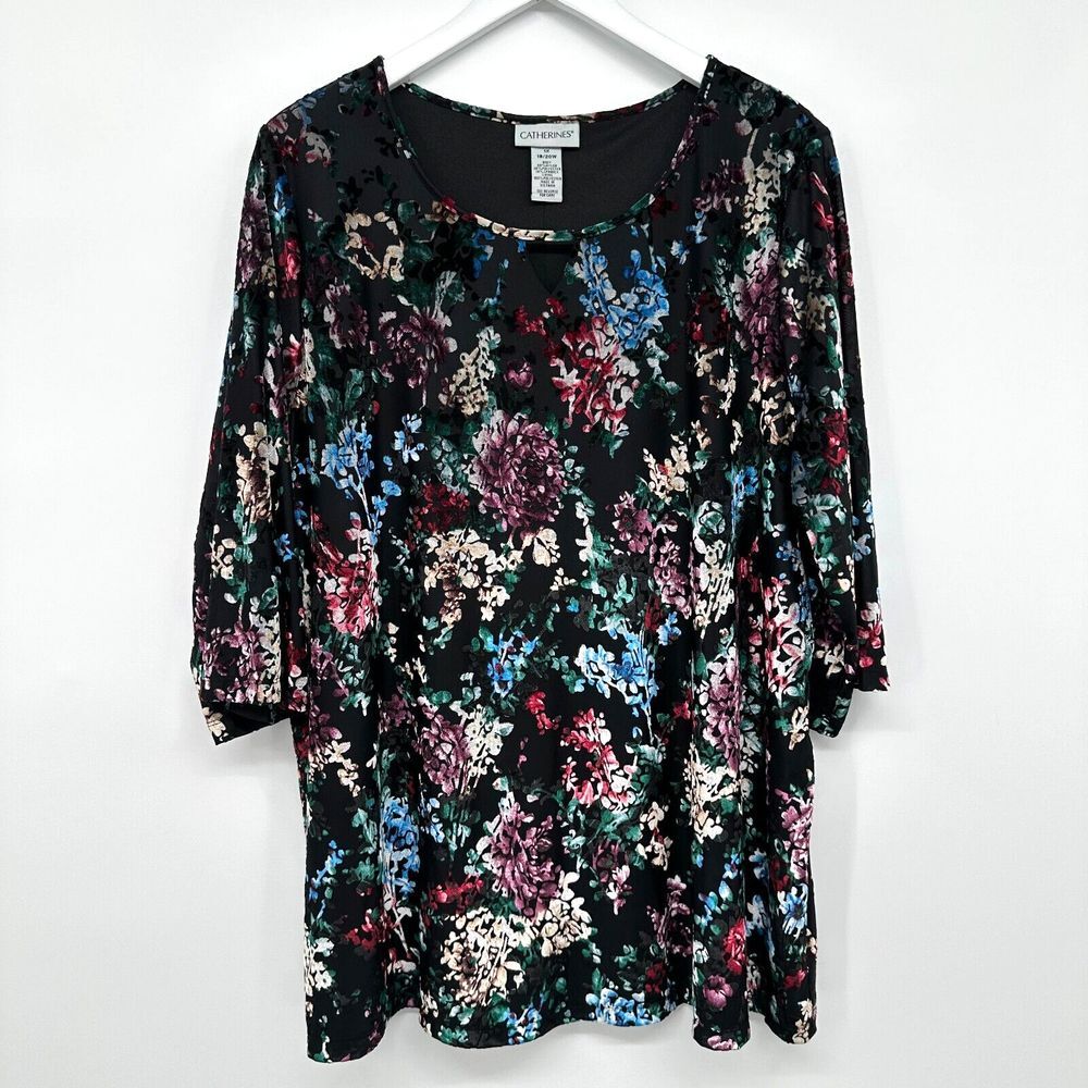 Catherines Tunic Top Shirt Size 1X Velvet‎ Burnout 3/4 Sleeve Stretch Blouse